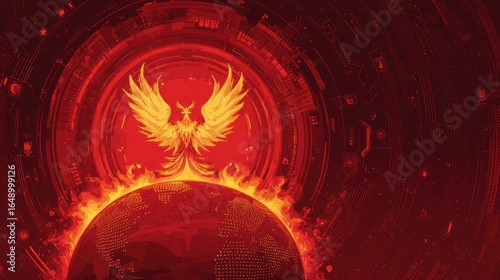 Red phoenix above Earth, surrounded by tech rings, in a stylized design