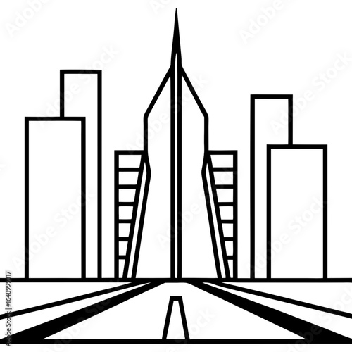"Futuristic glass skyscraper skyline at sunrise, empty streets, clean and modern, no people or vehicles"