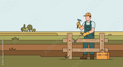 Line Art Of A Worker Repairing A Fence On A Field Landscape