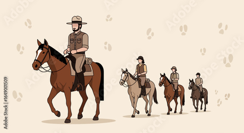 Line Of People Riding Horses In A Group Exploring Nature And Wildlife