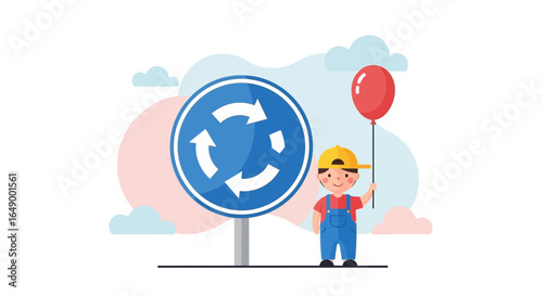 Little Boy At Roundabout Holding A Balloon On Pastel Colors Background