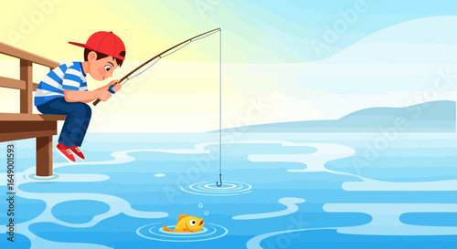 Little Boy Fishing With a Rod From Wooden Pier Catching Fish Cartoon Illustration