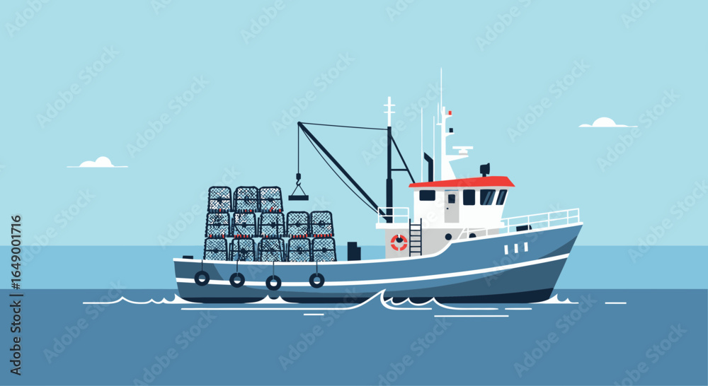 Fototapeta premium Lobster Fishing Boat with Traps at Sea Commercial Fishing Industry Illustration
