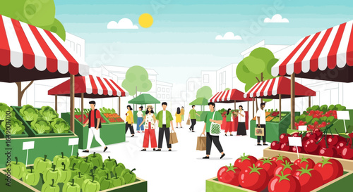 Lively Outdoor Farmer's Market Scene With Fresh Produce And Happy Shoppers