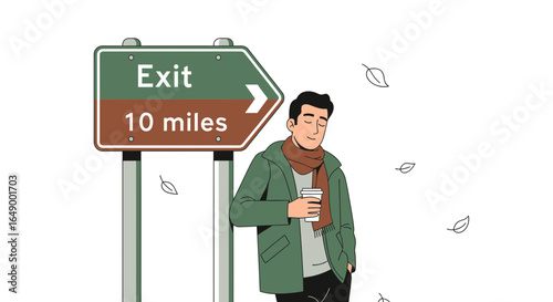 Man Enjoying Coffee Beside the Road Exit Sign Amidst Falling Leaves