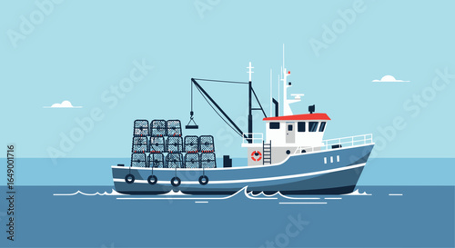Lobster Fishing Boat with Traps at Sea Commercial Fishing Industry Illustration