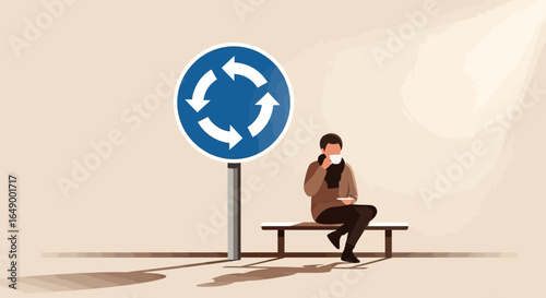 Man Enjoying Coffee Near a Roundabout Sign on a Peaceful Day