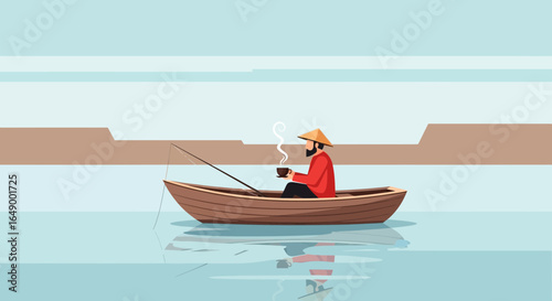 Man Enjoying Coffee While Fishing Peacefully in a Small Boat on the Water