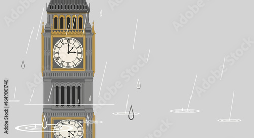 London Landmark In Rainy Season Big Ben And Timekeeping Concept Illustration