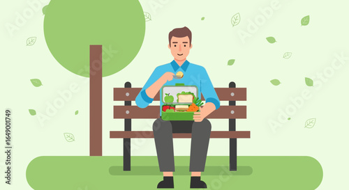 Man Enjoying Healthy Lunch Break In Park On A Sunny Day Vector Illustration