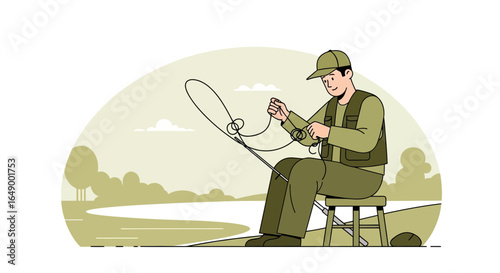 Man Enjoying Fly Fishing Hobby Sitting By The River On A Summer Afternoon