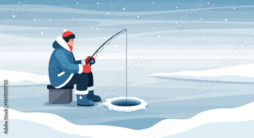 Man Enjoying Ice Fishing In Snowy Landscape Winter Activity Recreation