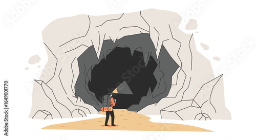 Lone backpacker standing at the entrance of a large mysterious cave ready for exploration