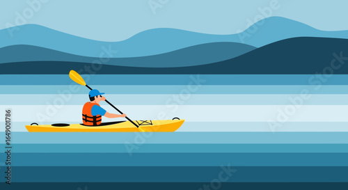Man Enjoying Kayaking Adventure on Lake with Scenic Mountain Backdrop