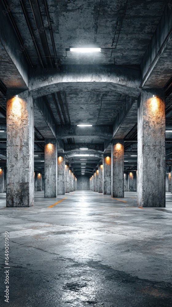 Obraz premium Concrete parking garage with illuminated columns creating a dramatic atmosphere in an urban setting