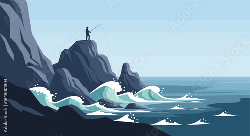Lone Fisherman Standing On Rocks, Enjoying Serenity Sea Landscape Silhouette