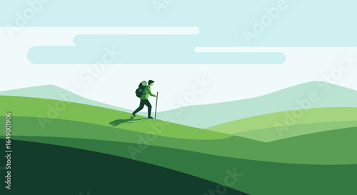 Man Enjoying Outdoor Adventure Hiking on Green Rolling Hills Minimalist Style