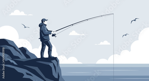 Lone Fisherman Standing On Rocky Coast Casting Fishing Rod With Cloudy Sky