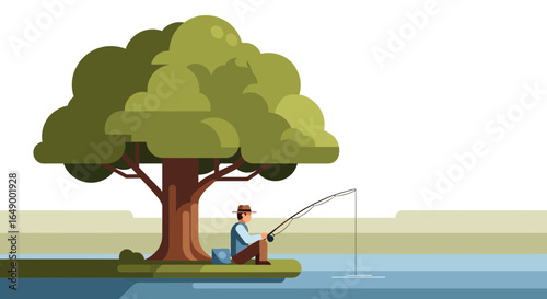 Man Enjoying Peaceful Fishing Under a Shady Tree on a Summer Afternoon