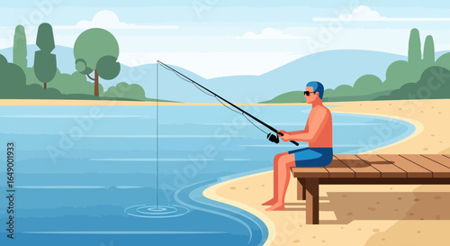 Man Enjoying Peaceful Fishing Trip on a Pier Near a Lake Sunny Summer Day