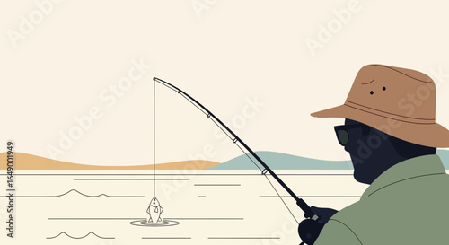 Man Enjoying Quiet Time Fishing By Lake With Modern Flat Vector Illustration