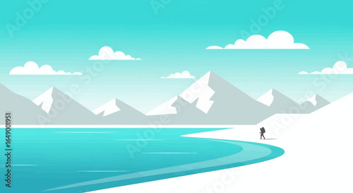 Lone Hiker Discovering A Serene Mountain Lake Landscape For Nature Tourism
