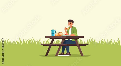 Man Enjoying Pizza At A Picnic Table Amidst Lush Greenery Illustration