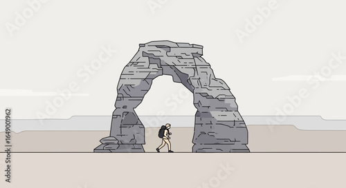 Lone Hiker Exploring Dramatic Rock Arch In A Peaceful Desert Landscape