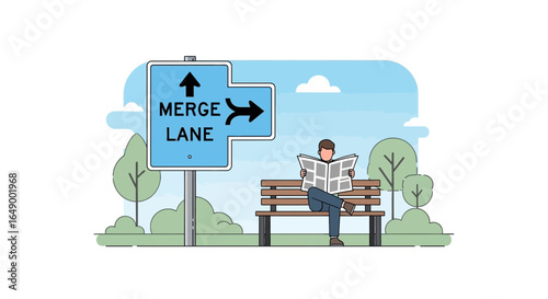 Man Enjoying Reading Newspaper On Park Bench Beside Merge Lane Sign