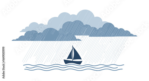 Lone Sailboat Navigating The Stormy Waters Minimalistic Vector Illustration