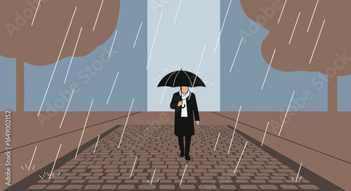 Lonely Person Walking In The Rain With An Umbrella Along Cobblestone Street