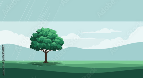 Lonely Tree In Green Field Under Rainy Weather Digital Illustration
