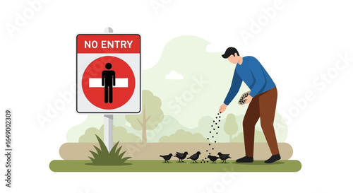 Man Feeding Birds Near No Entry Sign Symbolizing Disregard For Rules