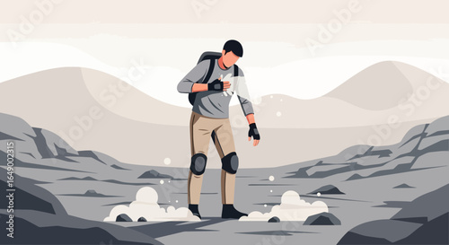 Lost Explorer Injured In Remote Terrain Seeking Help On Arid Wasteland Backdrop
