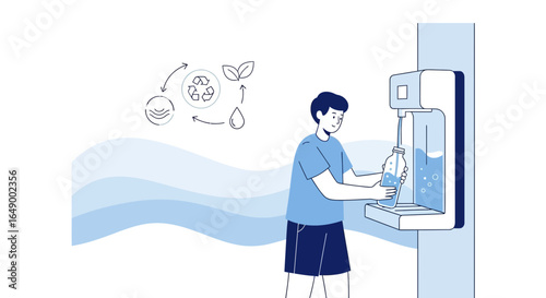 Man Filling Reusable Water Bottle From Dispenser For Sustainability Awareness