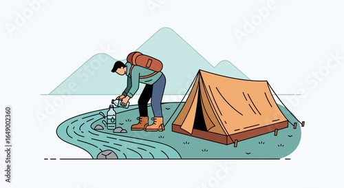 Man Filling Water Bottle Near Tent With Mountain Backdrop Illustration