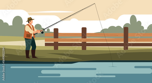 Man Fishing By A Lake Under A Calm Sky Illustration In Flat Vector Style