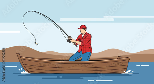 Man Fishing From A Rowboat Under The Sky With A Hill On The Horizon