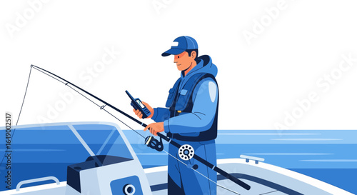Man Fishing From Boat With Radio Communication Under Sunny Sky Vector Illustration