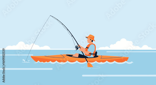 Man Fishing From Kayak Illustration In Open Water With Clouds Background