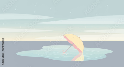 Lost In The Rain: Pastel Umbrella In A Puddle On A Rainy Day