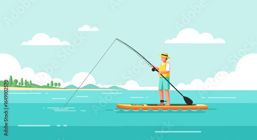 Man Fishing from Paddleboard on Calm Water Enjoying Outdoor Recreational Activities