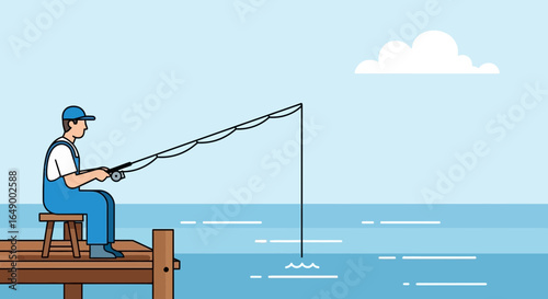 Man Fishing From Pier At Sea Illustration Minimalist Scene Waterscape Outdoor Leisure