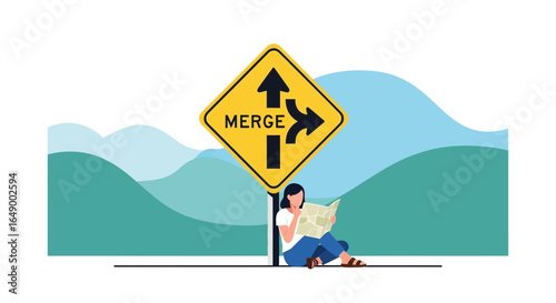 Lost In Thoughts Woman Reads Map Next To Merge Sign In Nature Background