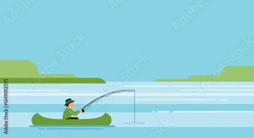 Man Fishing in a Canoe on a Peaceful Lake in Flat Design Style