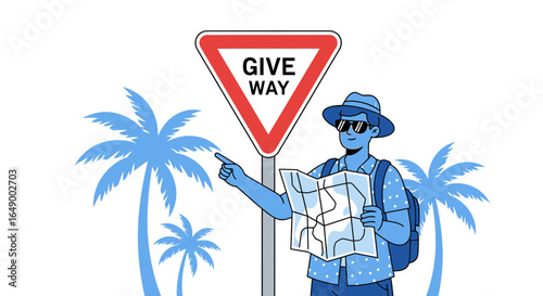 Lost Tourist Consulting Map Under Give Way Sign Surrounded By Palm Trees