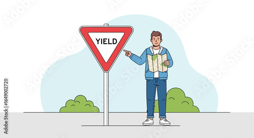 Lost Tourist Holding Map Near Traffic Sign on Road Exploring New Destination