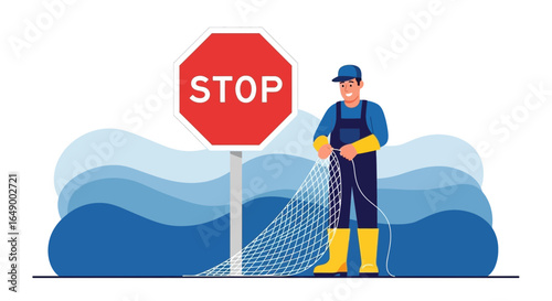 Man Fishing Near Stop Sign In Flooded Area Illustrating Environmental Impact