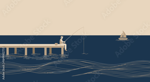 Man Fishing Off a Dock Calm Ocean and Sailboat in Minimal Illustration