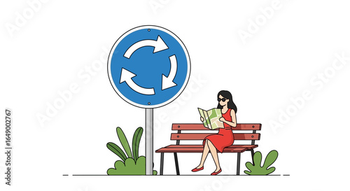 Lost Tourist Reading Map On Bench Near Roundabout Traffic Sign